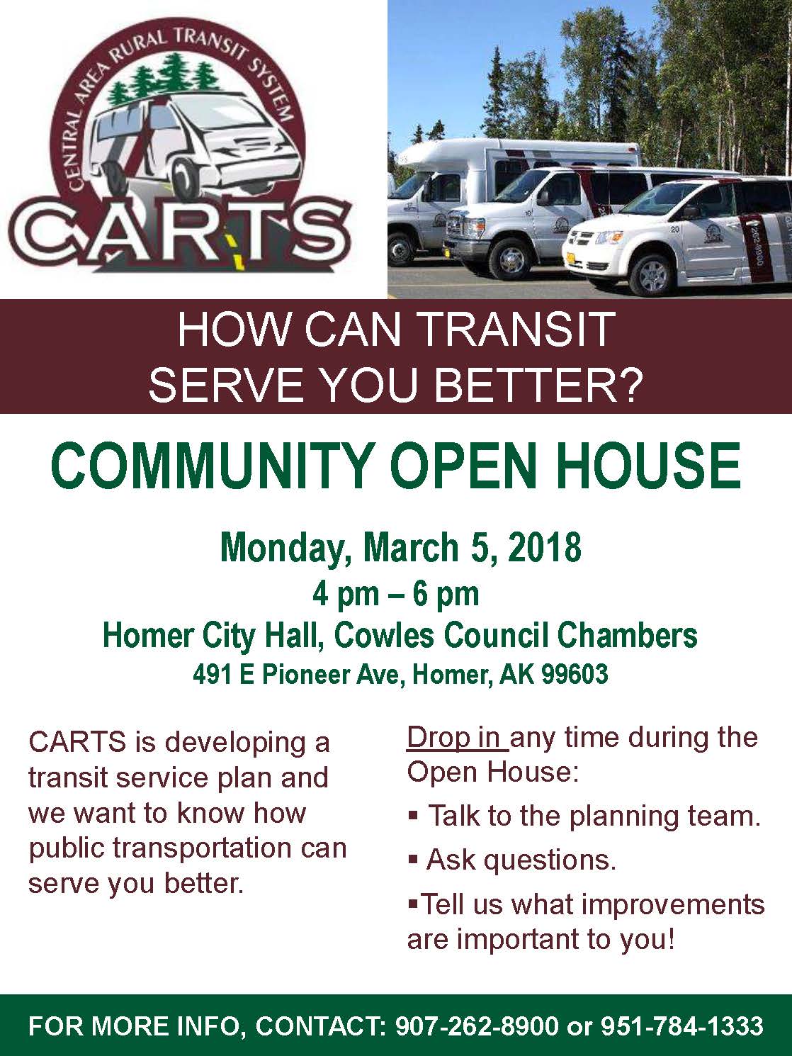 CARTS Open House in Homer, Kenai and Soldotna. Plan to attend